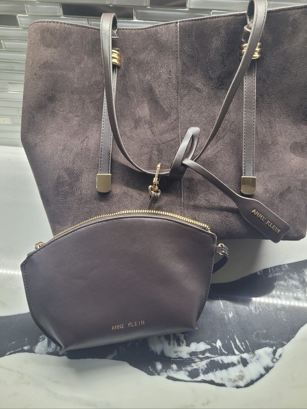 Anne Klein Chocolate Brown Faux Suede Tote with Matching Crossbody Pouch